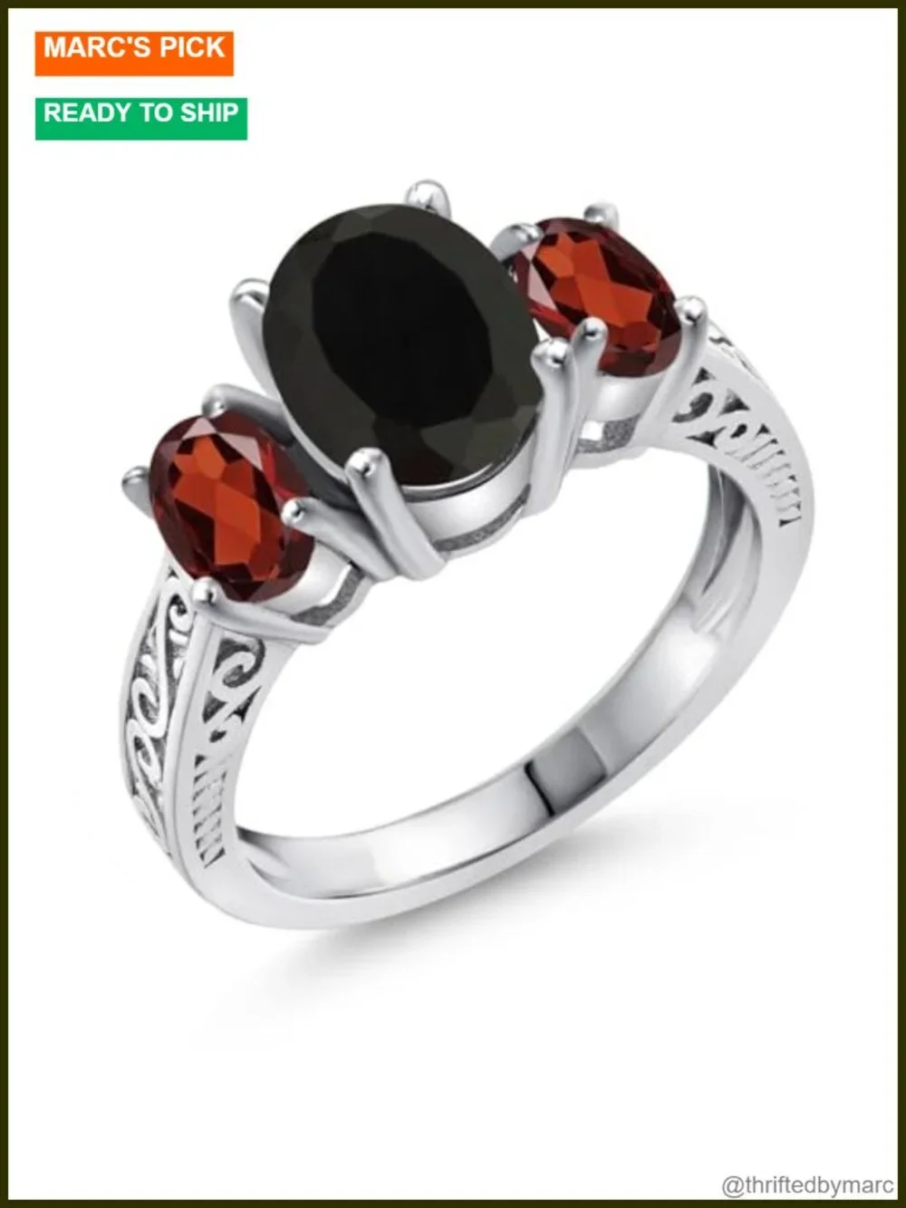 Sterling Silver 2.73 Cttw Onyx & Garnet 3 Stone Ring